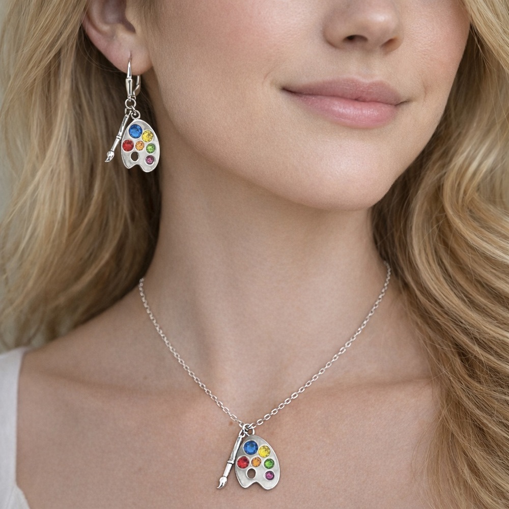 Artist palette necklace and earrings set with colorful crystals - Picture 3 of 4